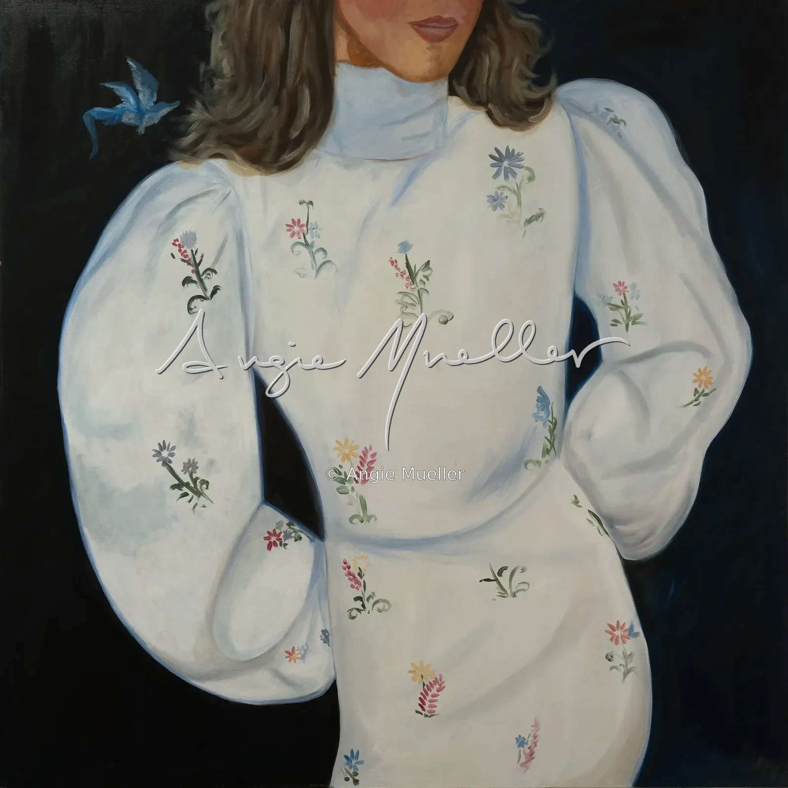 White Dress with Botanical Patterns — Oil on canvas